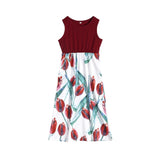 Family Matching Clothes Mother And Daughter Sleeveless Floral Print Maxi Dresses Outfits One Pieces